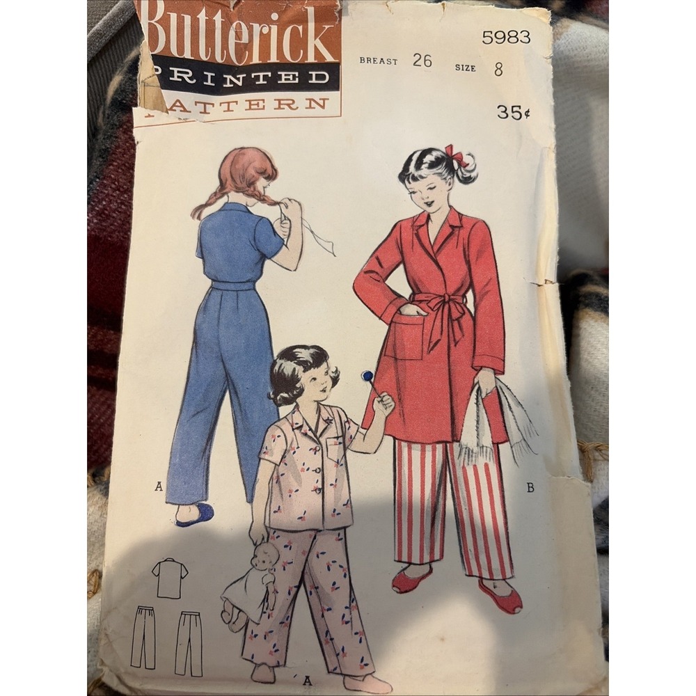 Vintage 1950s Butterick 5983 Girls Pajamas and Robe Sewing Pattern Size 8 Cut